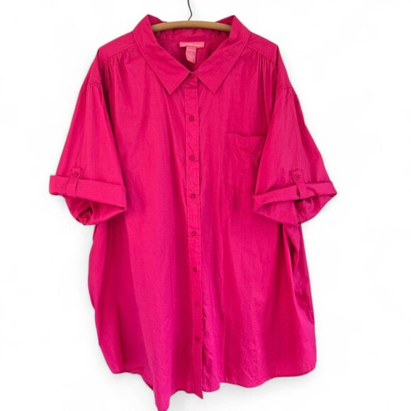 Woman Within Tops - Woman Within Womens Button-Up Blouse Rolled Sleeves Pink 5X 100% Cotton Shirt